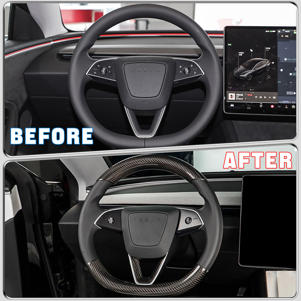 2pcs Dry Carbon Fiber Steering Wheel Cover for Tesla Model 3 Highland & Model Y