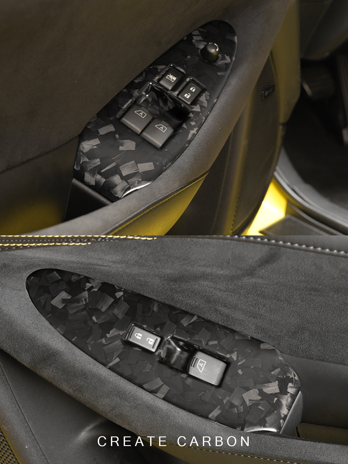 Matte forged dry carbon window switch panel covers installed on Nissan Z RZ34
