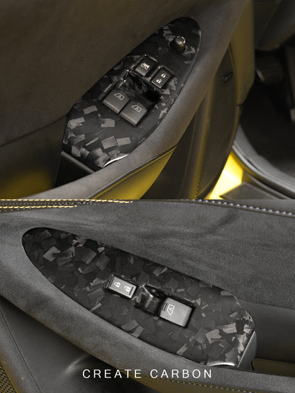 Matte forged dry carbon window switch panel covers installed on Nissan Z RZ34
